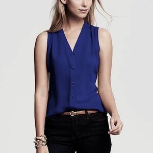 Blue Sleeveless Button Down Sheer Blouse